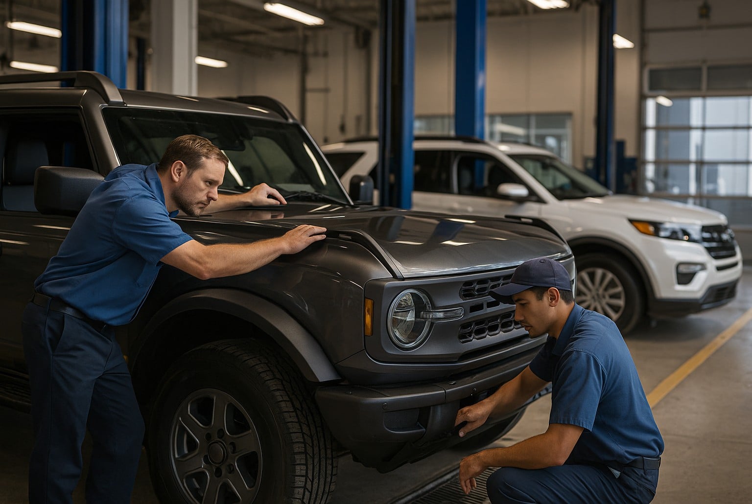 Dans un atelier lumineux, deux techniciens inspectent le pare-brise et l’avant d’un SUV gris type Bronco, pour un contrôle de sécurité.