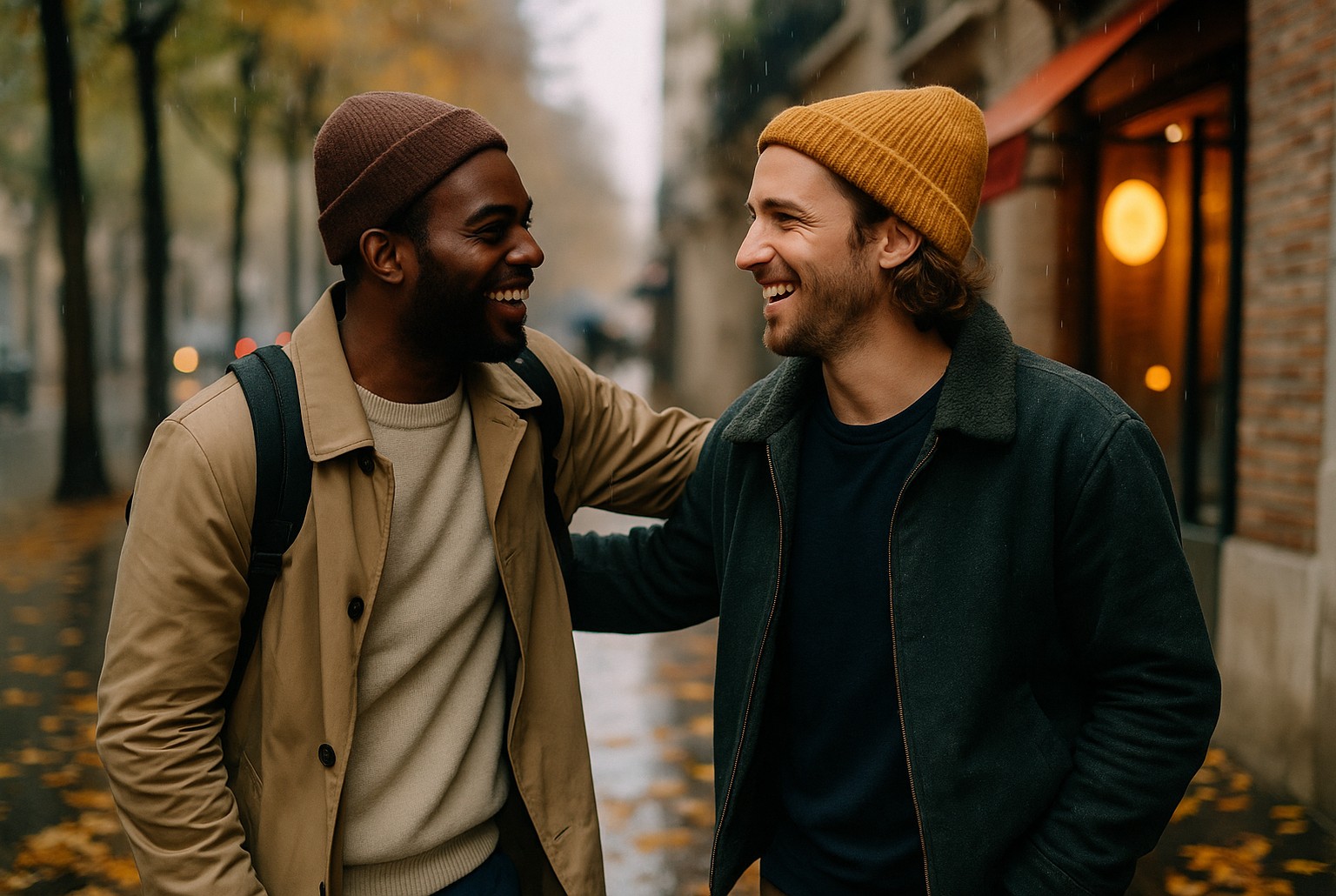 Deux amis se retrouvent sous une pluie légère d’automne à Paris, regards complices, feuilles rousses et lumière de vitrine.