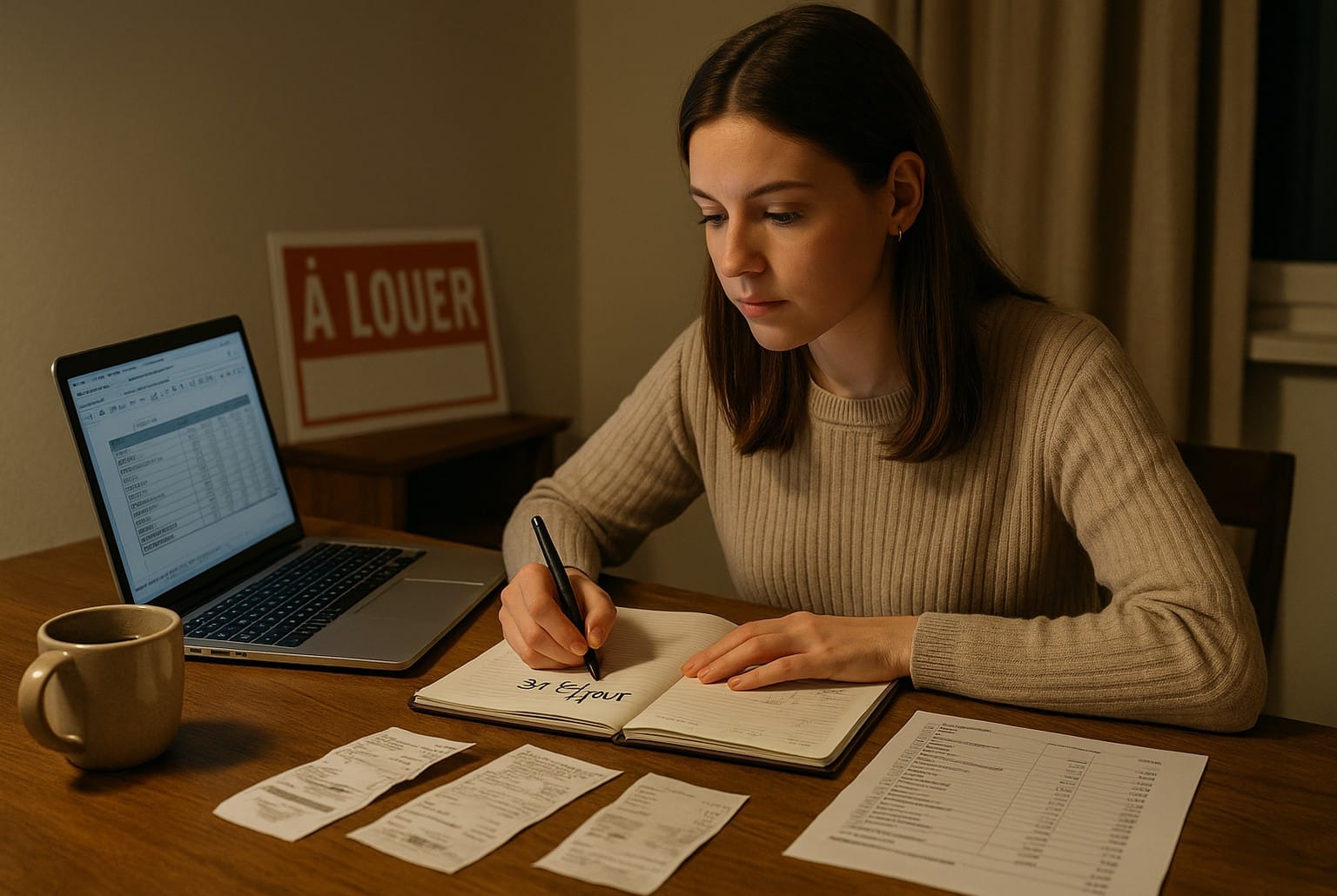 Jeune femme gérant son budget « 31 € par jour » sur laptop, reçus et relevés étalés, panneau « À louer » en arrière-plan.