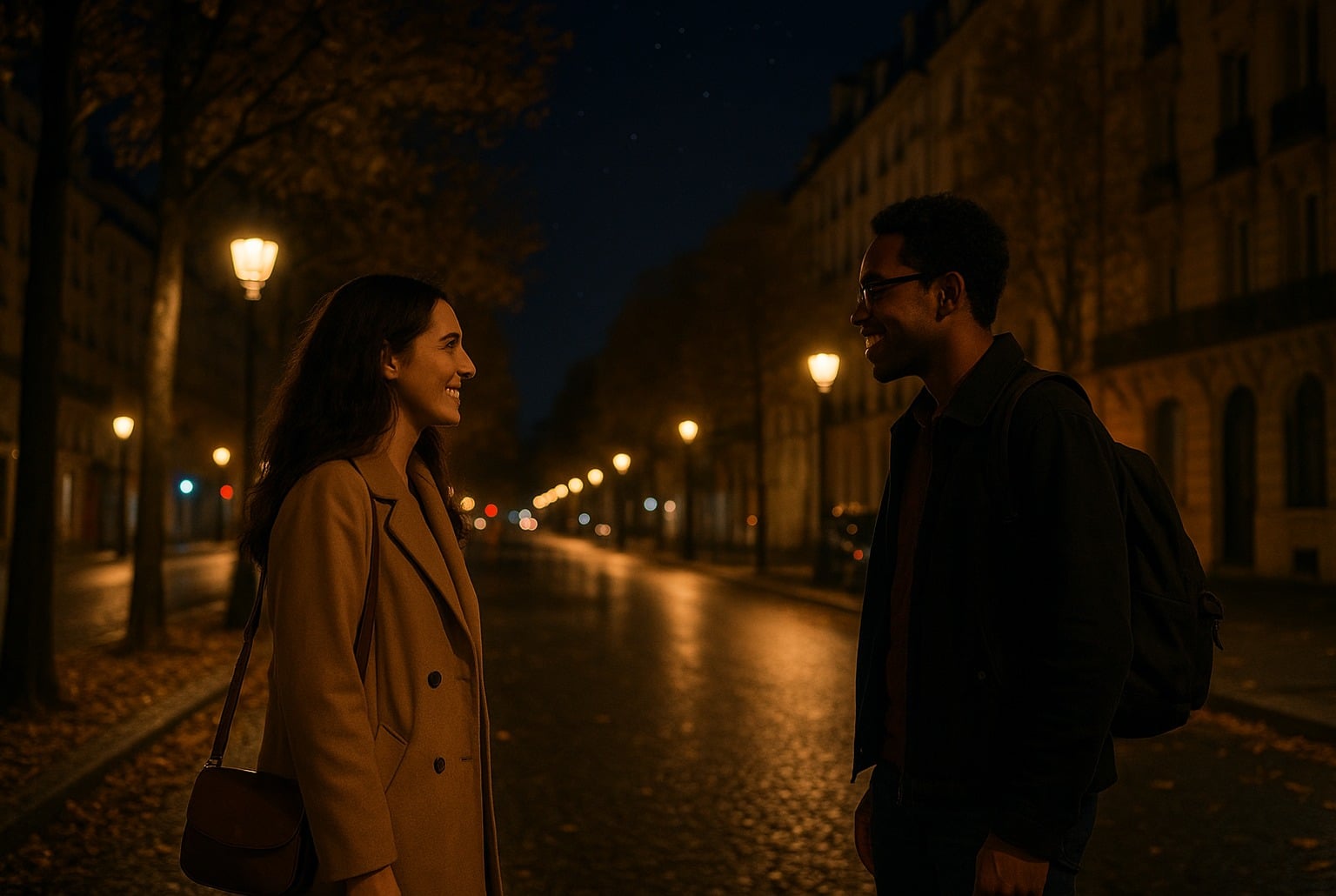 Rencontre fortuite un soir d’automne à Paris, deux inconnus se sourient sous les lampadaires, atmosphère chaleureuse.