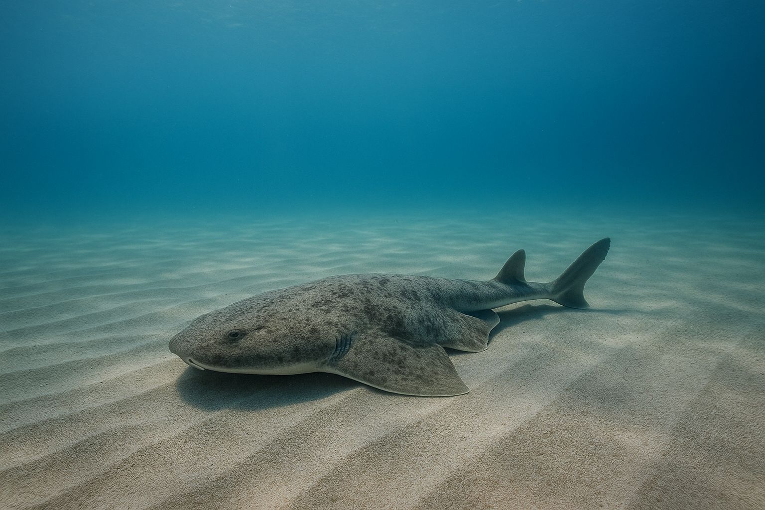 Ange de mer (Squatina squatina) posé sur un fond sableux ondulé, en eau claire de la Baie des Anges à Nice.