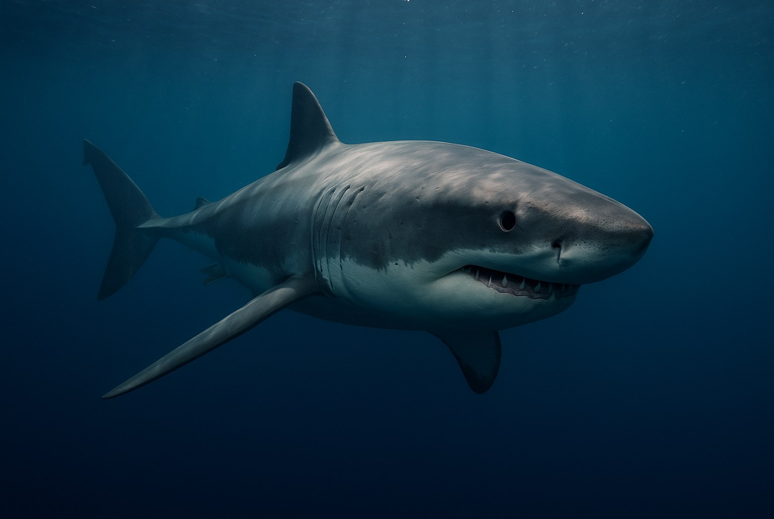 Grand requin blanc en pleine eau, vu de trois-quarts, rais de lumière sur le dos, nage paisible dans un bleu profond.