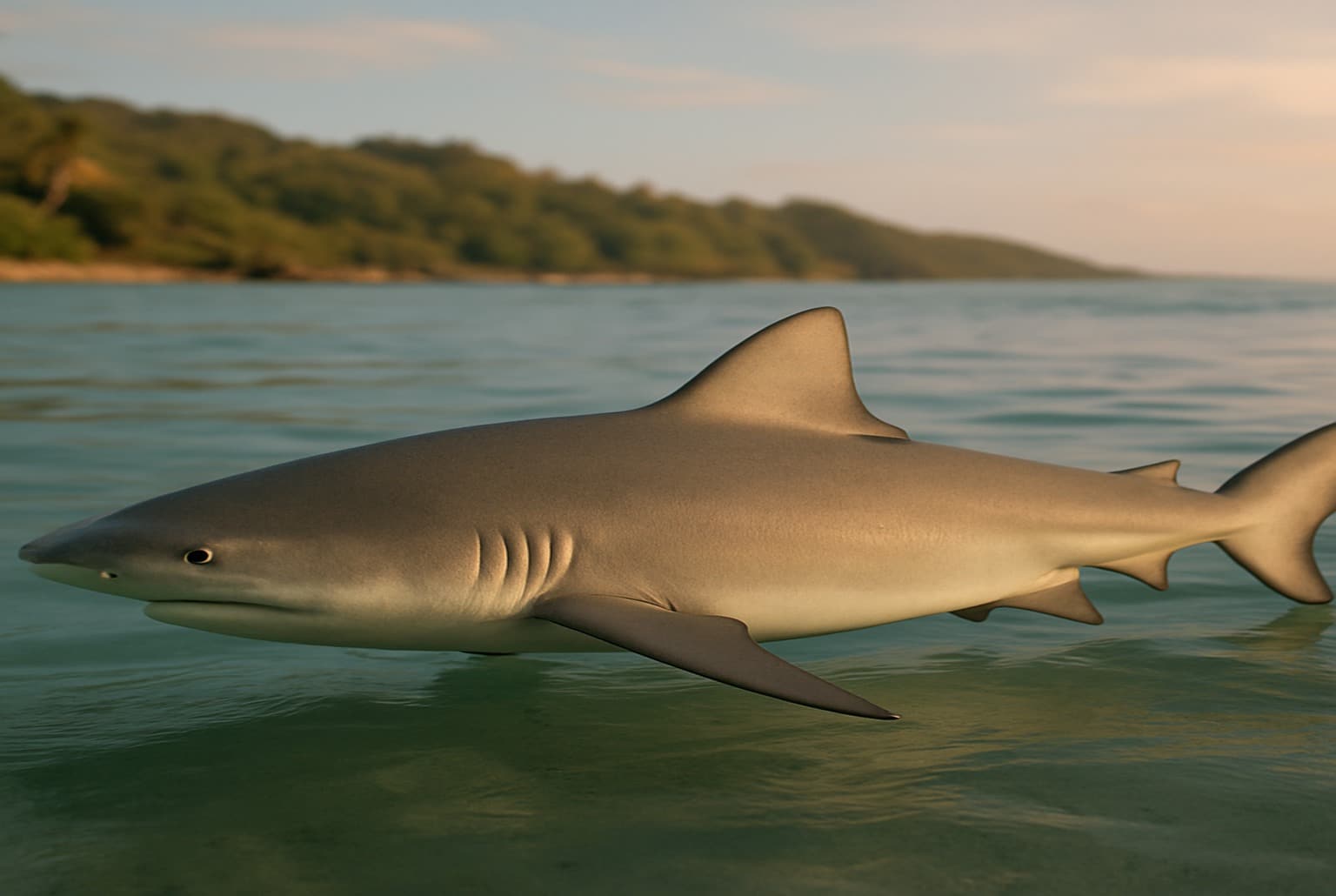 Requin bouledogue adulte en eau côtière peu profonde, profil net, museau massif, lumière rasante de fin d’après-midi.