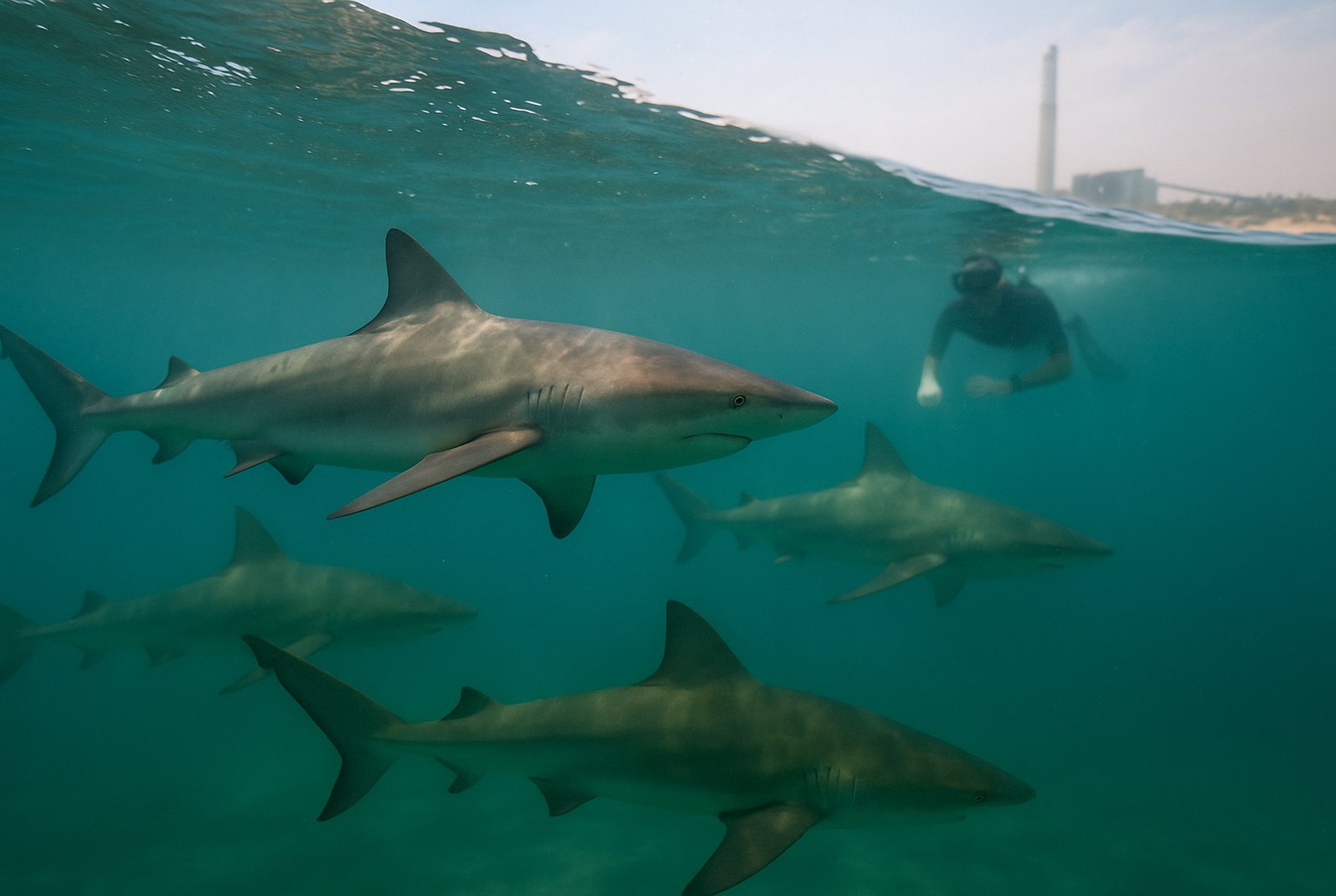 Regroupement de requins requiem de sable près d’Hadera, Israël, sous une mer bleu-vert, avec un snorkeleur en arrière-plan et la centrale au loin.