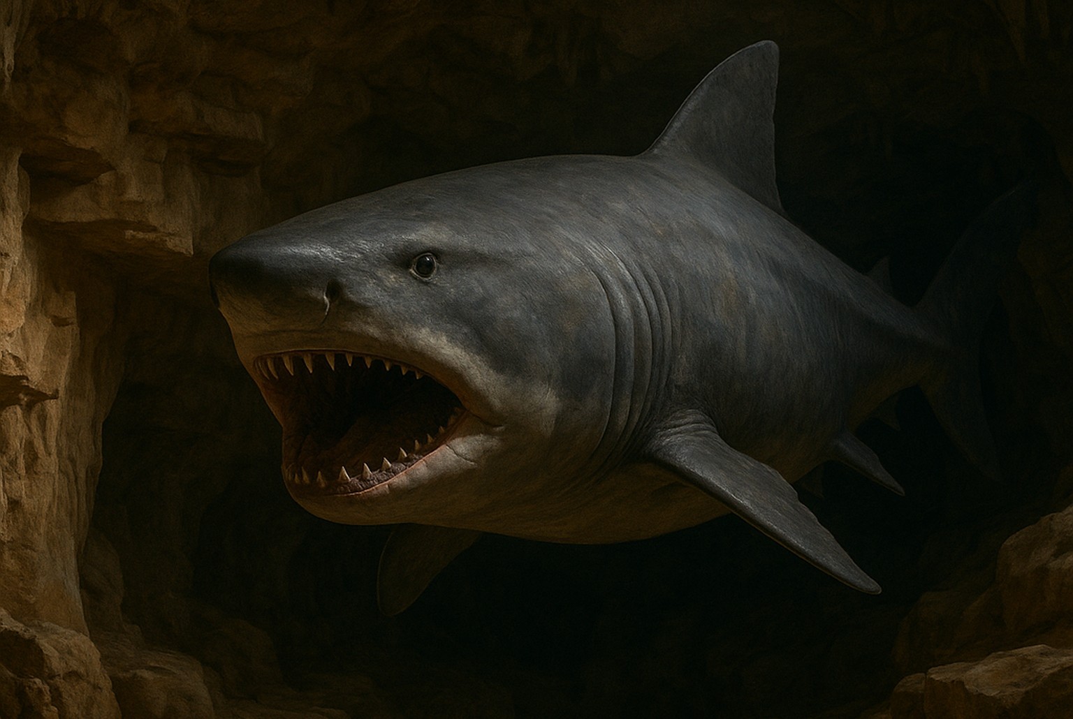 Reconstitution réaliste d’un requin du Carbonifère surgissant dans une grotte calcaire, mâchoires ouvertes, parois rocheuses visibles.