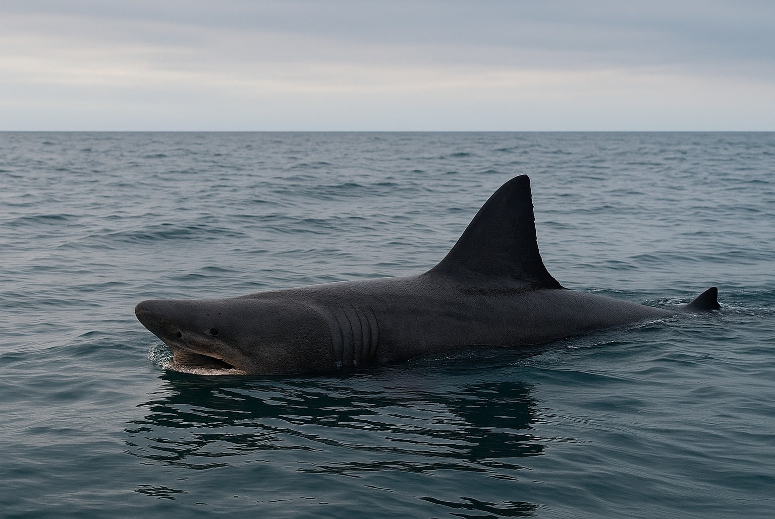 Requin pèlerin en surface dans la mer du Nord, nageoire dorsale bien visible, eau froide grise sous ciel couvert, plan large.