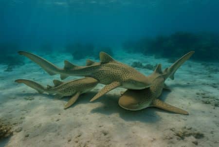 Trois requins-zèbres en accouplement dans un lagon calédonien, femelle au centre, deux mâles se relayant sur fond sablo-corallien clair.