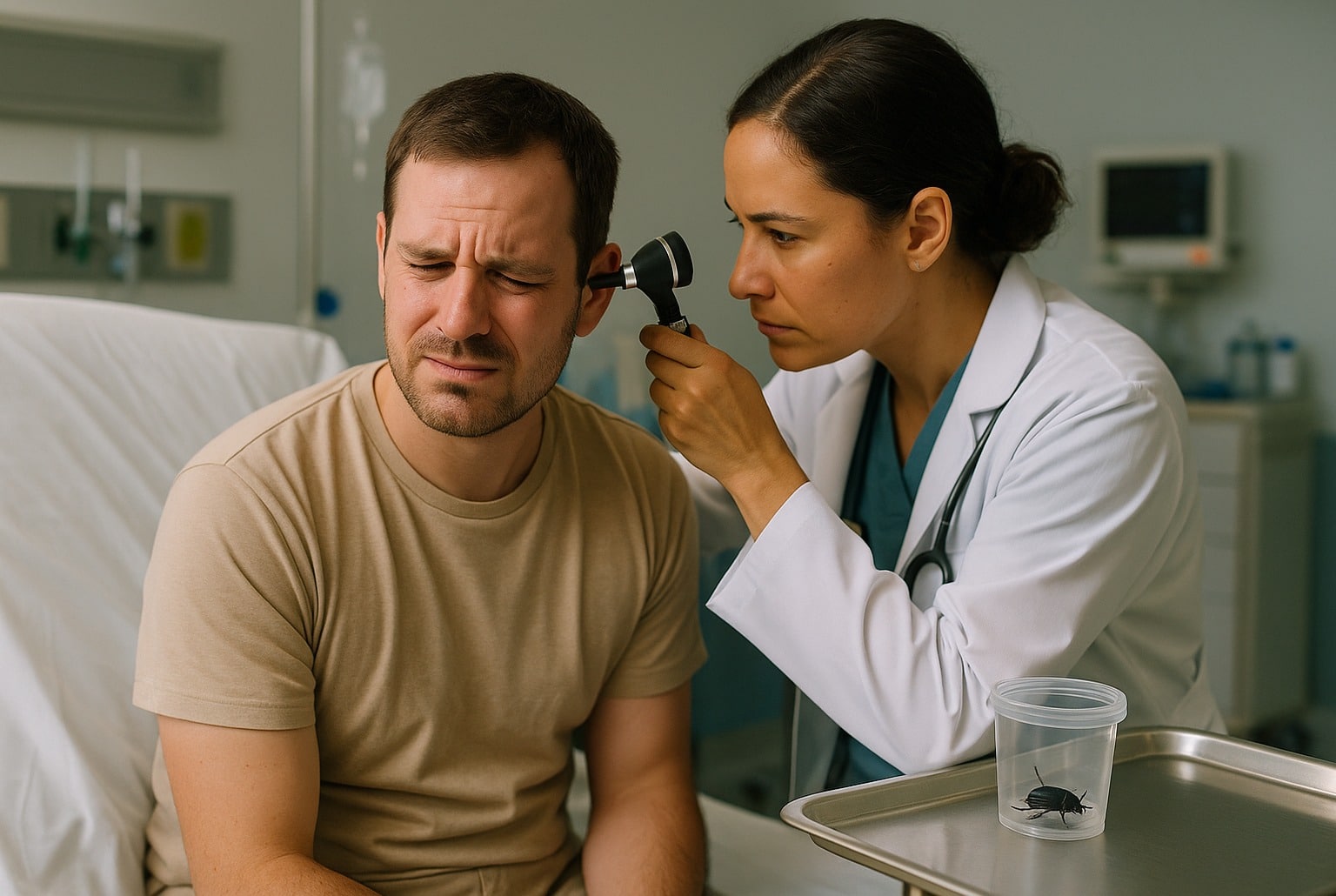 Médecin examinant l’oreille d’un patient à l’otoscope aux urgences, avec le scarabée extrait dans un gobelet stérile au premier plan.