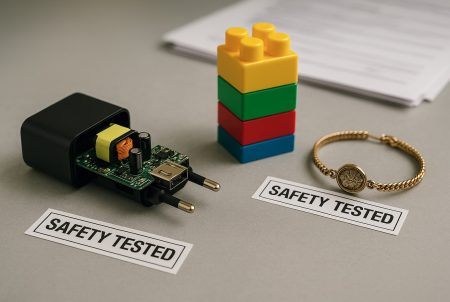 Plan serré d’un chargeur USB ouvert, de blocs jouet et d’un bracelet, posés pour illustrer des tests de sécurité produits.