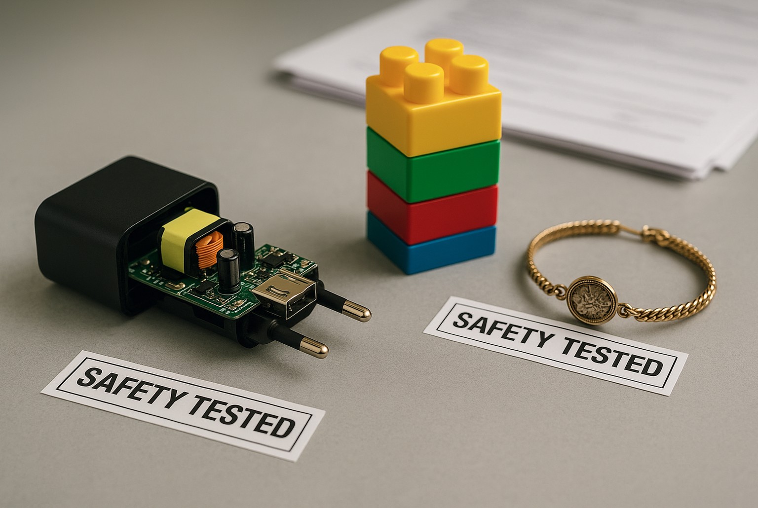 Plan serré d’un chargeur USB ouvert, de blocs jouet et d’un bracelet, posés pour illustrer des tests de sécurité produits.