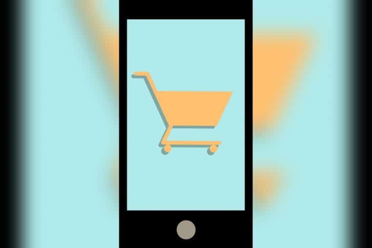 Smartphone affichant un panier d’achat, symbole d’achat en ligne.