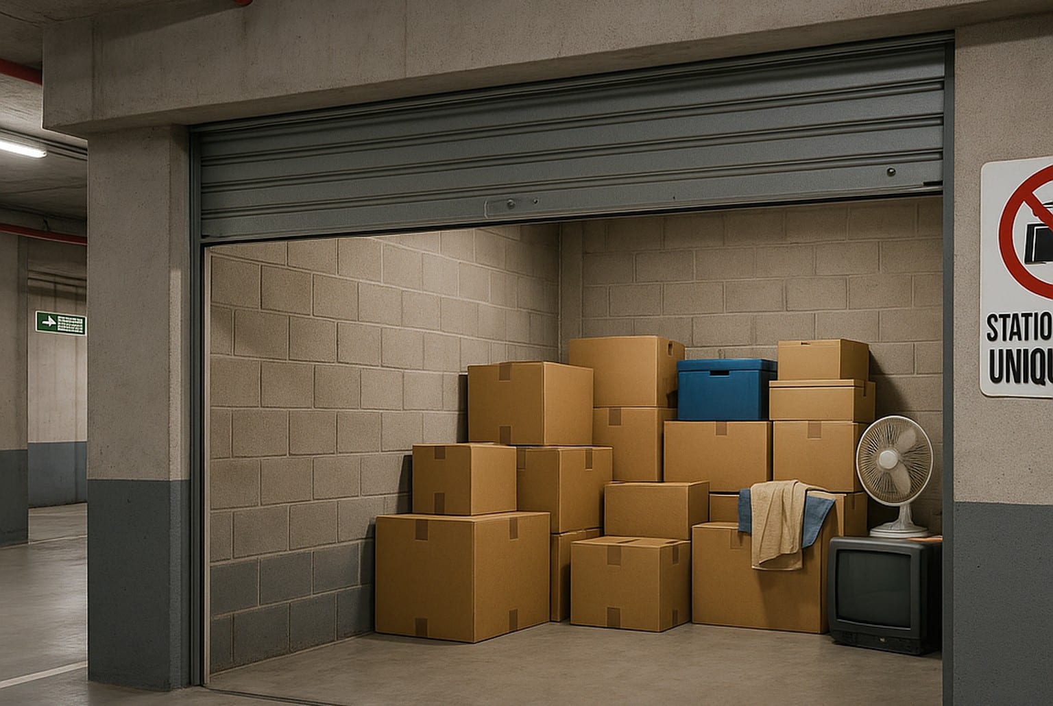 Box de parking souterrain partiellement ouvert avec cartons empilés et panneau « Stationnement uniquement », illustrant un stockage interdit.