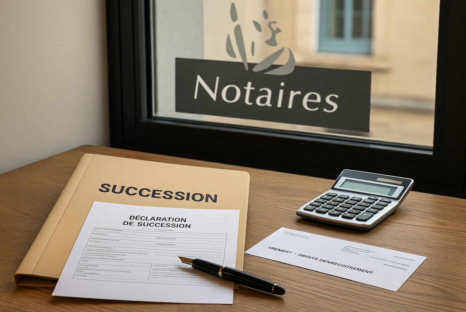 Bureau de notaire avec chemise « Succession », formulaire, calculatrice et ordre de virement, panneau « Notaires » visible à la fenêtre.