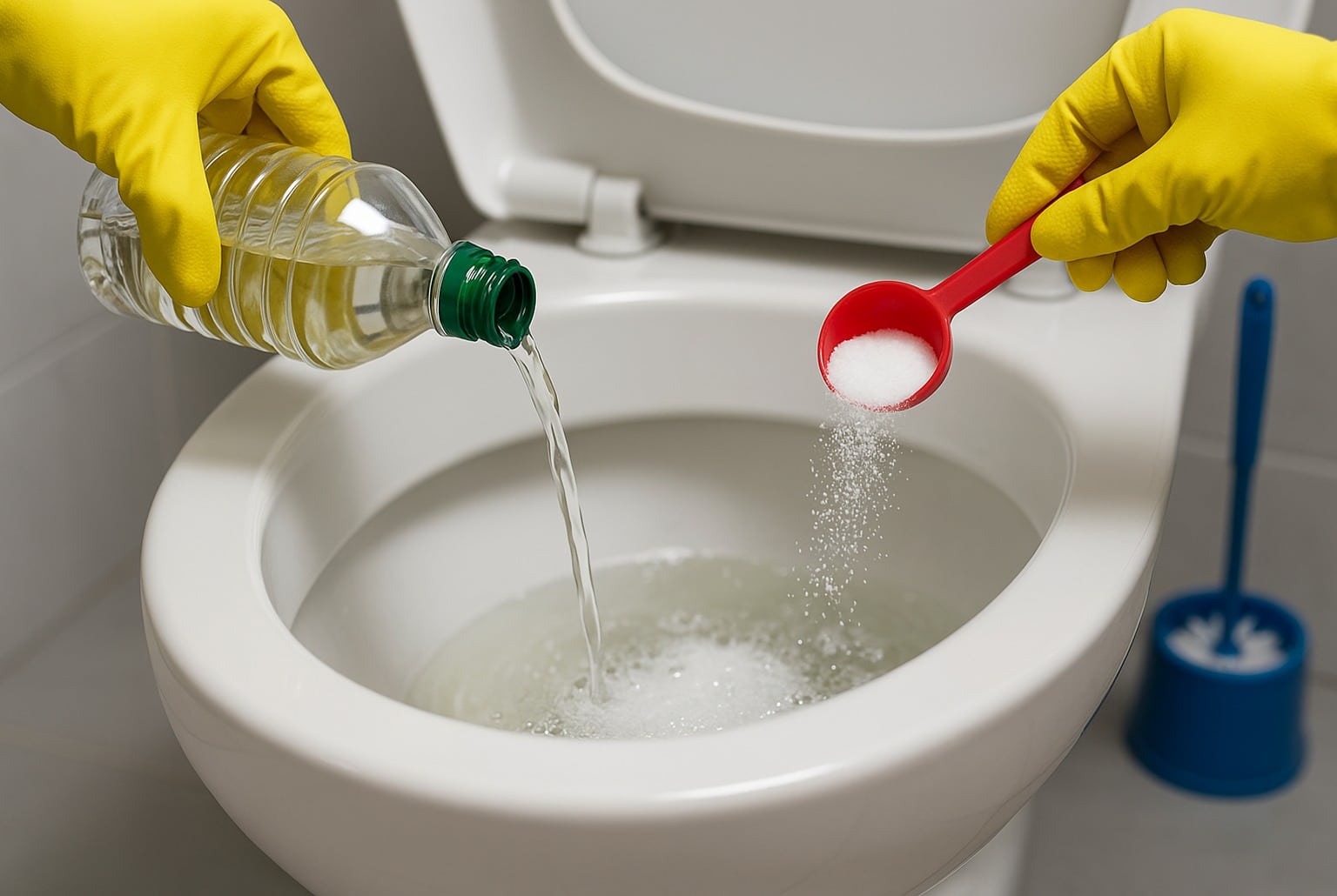 Gros plan d’une cuvette : vinaigre versé et bicarbonate saupoudré provoquent une mousse, gants et brosse visibles en arrière-plan.