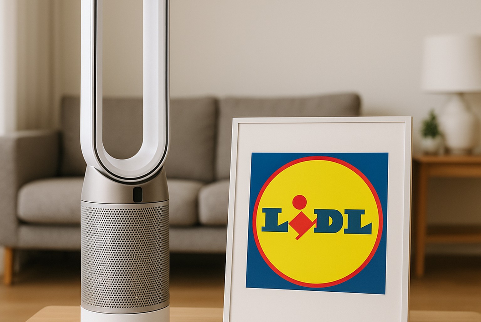 Purificateur d’air tour posé sur une table dans un salon lumineux, à côté d’un cadre affichant le logo Lidl bien visible.