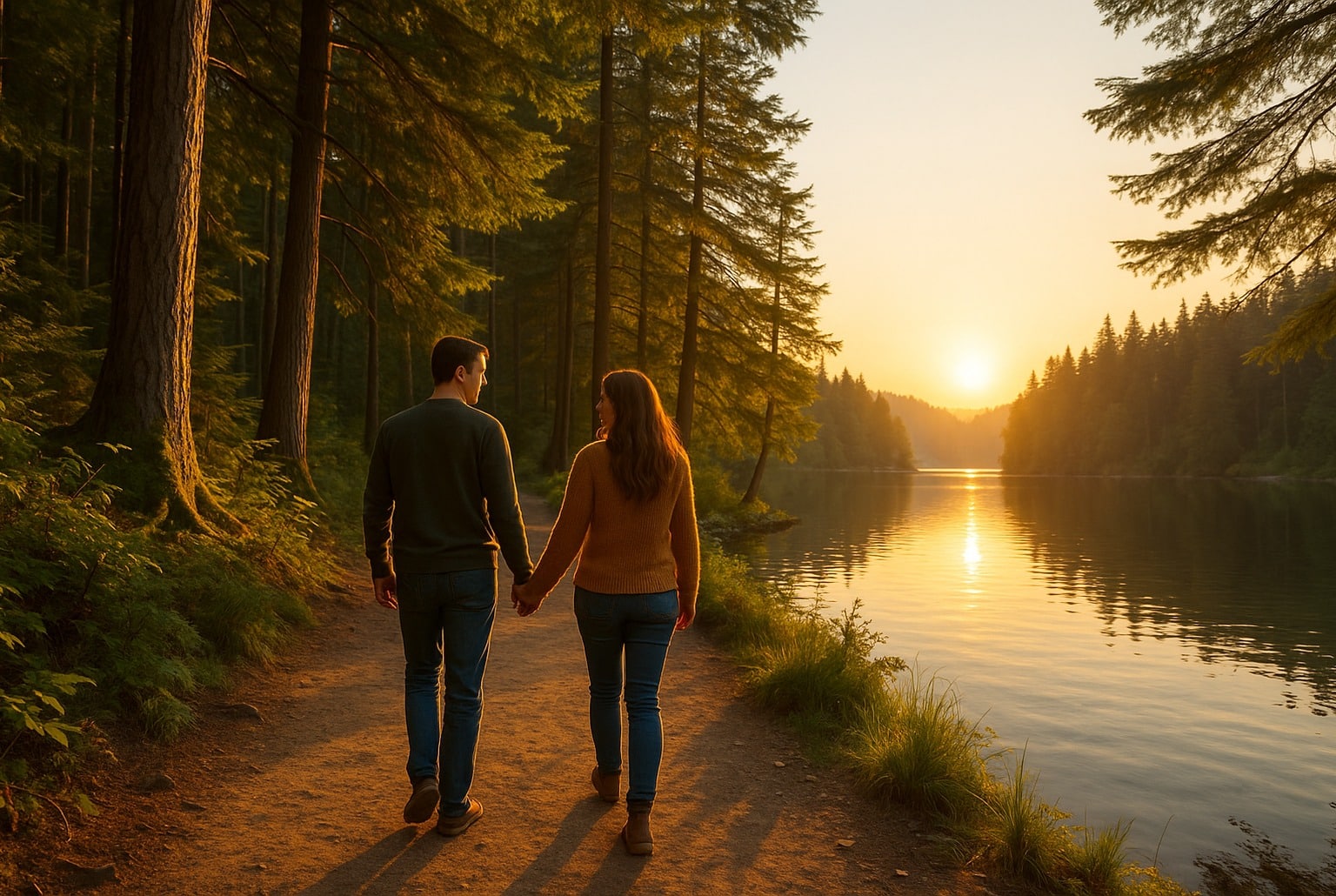 Deux personnes marchent main dans la main le long d’un lac au coucher du soleil, forêt de pins et eau calme.
