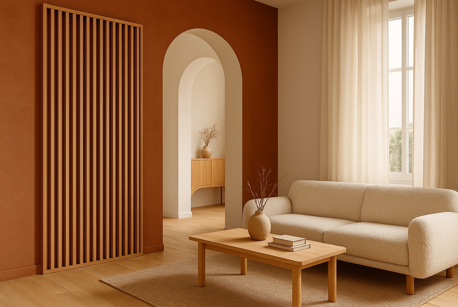 Salon chaleureux avec claustra en bois, arche arrondie, rideaux en lin et mur terracotta, lumière douce sur canapé bouclé et table en chêne.