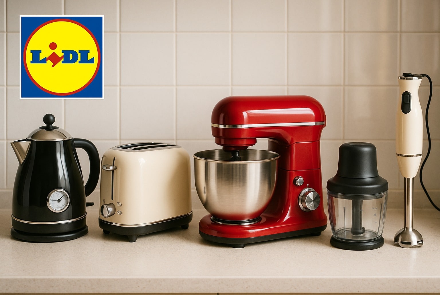 Cinq appareils de cuisine rétro en noir, crème et rouge alignés sur un plan de travail, logo Lidl en haut à gauche, reflets chromés, fond carrelé.