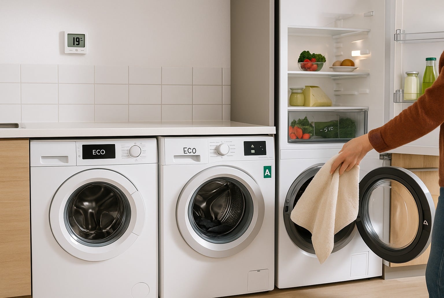 Buanderie moderne lumineuse : serviette glissée dans un sèche-linge à pompe à chaleur, frigo à 5 °C et éco-modes affichés.