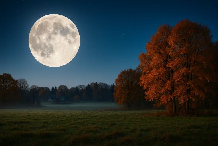 Super Lune brillante au-dessus d’un pré d’automne, grands arbres orangés à droite, ciel nocturne clair et maisons dans la brume.