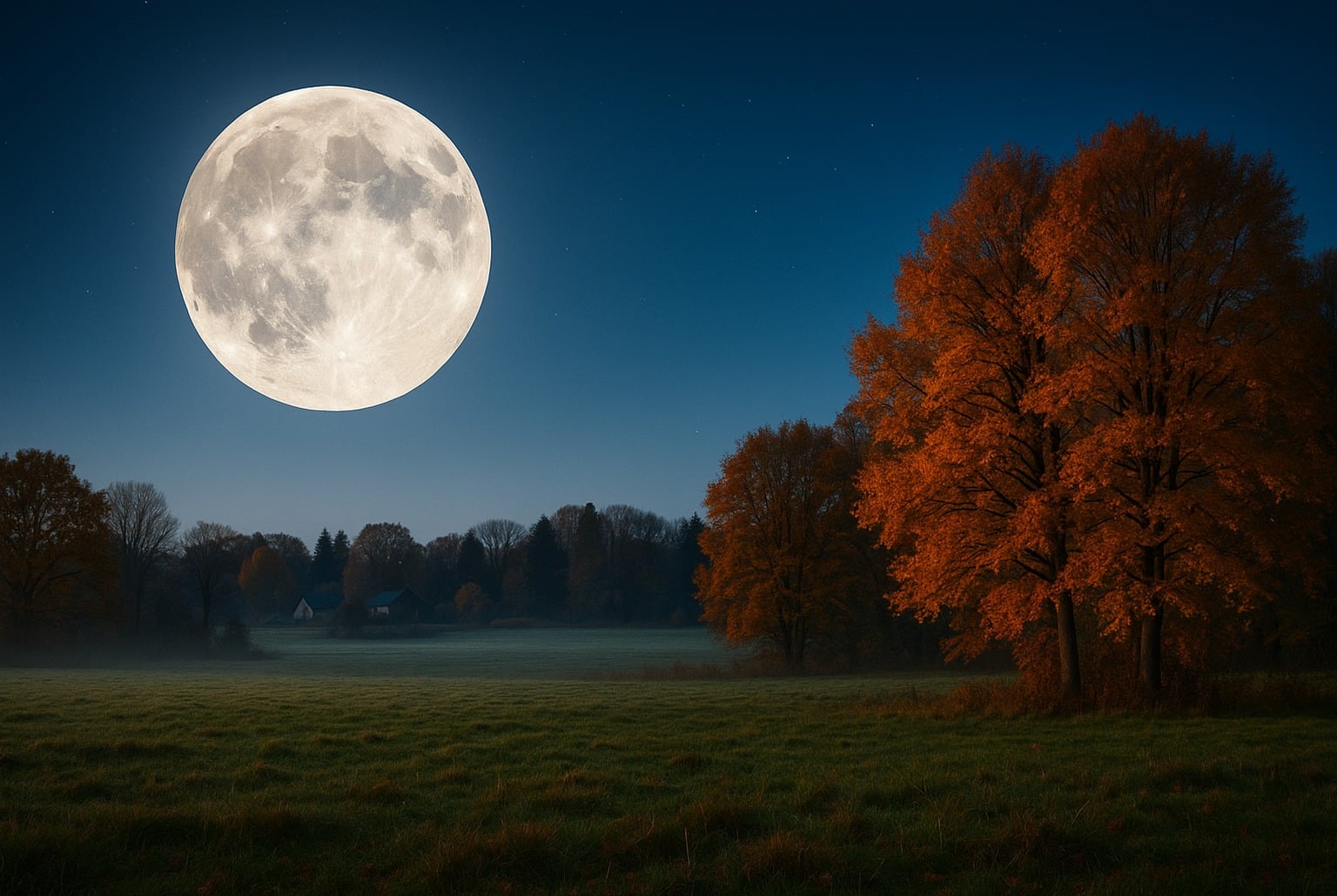 Super Lune brillante au-dessus d’un pré d’automne, grands arbres orangés à droite, ciel nocturne clair et maisons dans la brume.