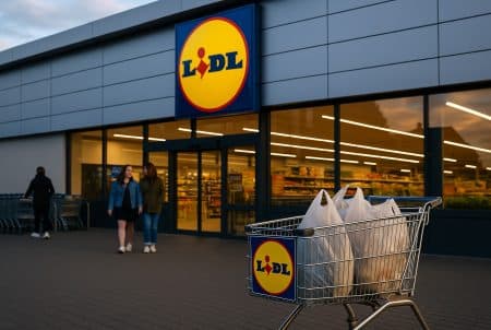 Chariot rempli sur le parking devant l’entrée d’un Lidl au crépuscule ; logo en façade, clients près des portes vitrées.