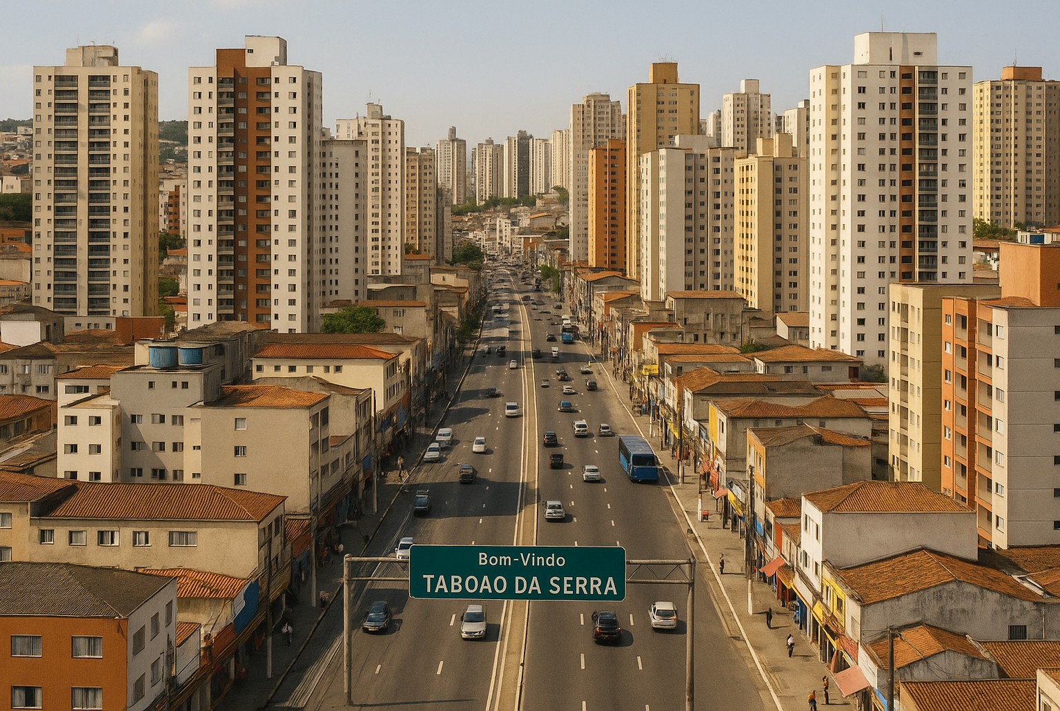 Vue aérienne de Taboão da Serra ; immeubles serrés et axe routier central illustrant une densité urbaine extrême.