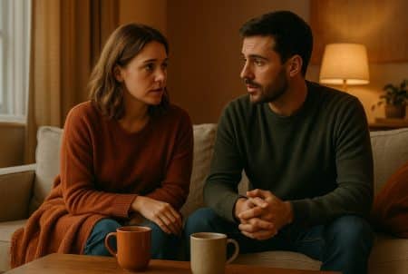 Couple de trentenaires discutant calmement sur un canapé, lumières chaudes d’automne, mugs fumants, instant sincère où la parole s’ouvre.
