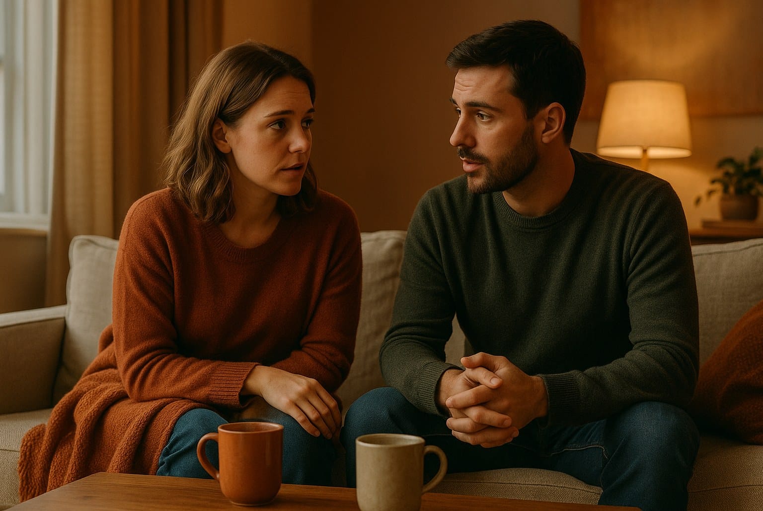 Couple de trentenaires discutant calmement sur un canapé, lumières chaudes d’automne, mugs fumants, instant sincère où la parole s’ouvre.