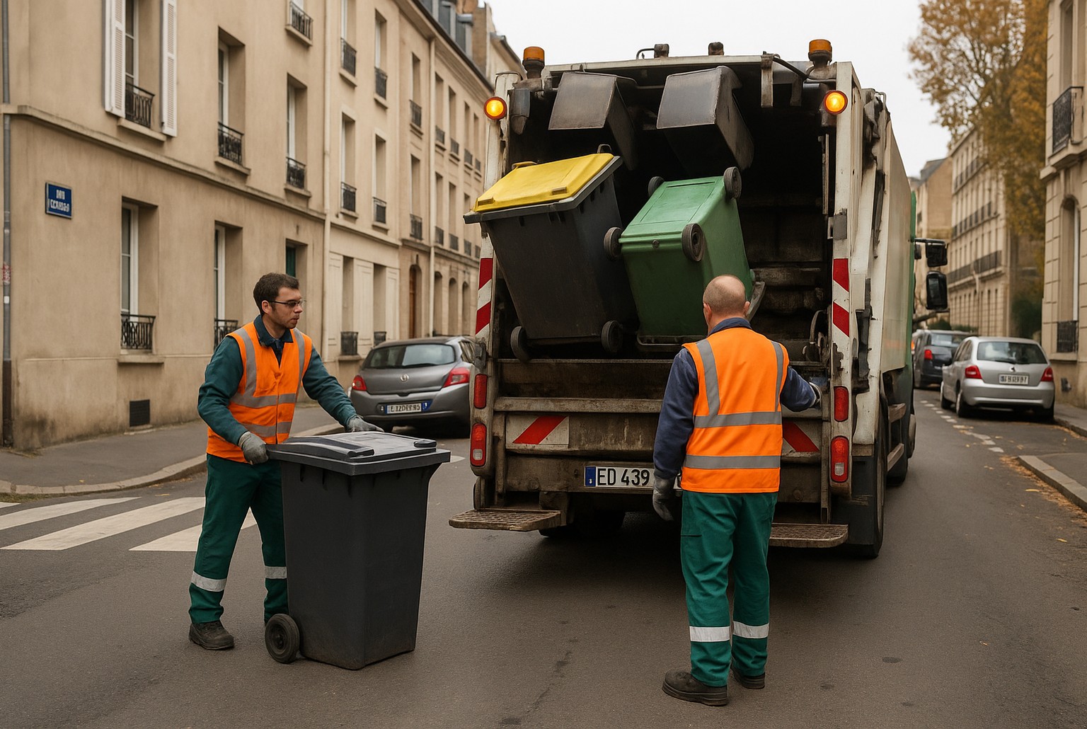 Benne à ordures en service dans une rue française ; deux éboueurs en gilet réfléchissant vident des bacs roulants.