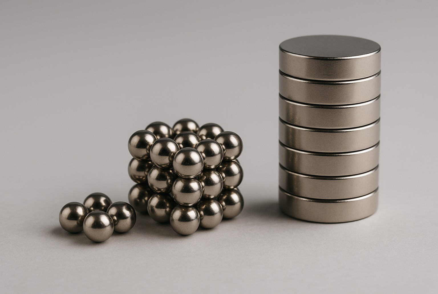 Gros plan d’aimants au néodyme : pile de disques et assemblage de billes brillantes sur fond gris, éclairage doux et net.