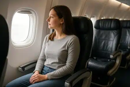 Passagère en jean et haut en coton manches longues assise côté hublot, cabine d’avion moderne en arrière-plan légèrement flou.