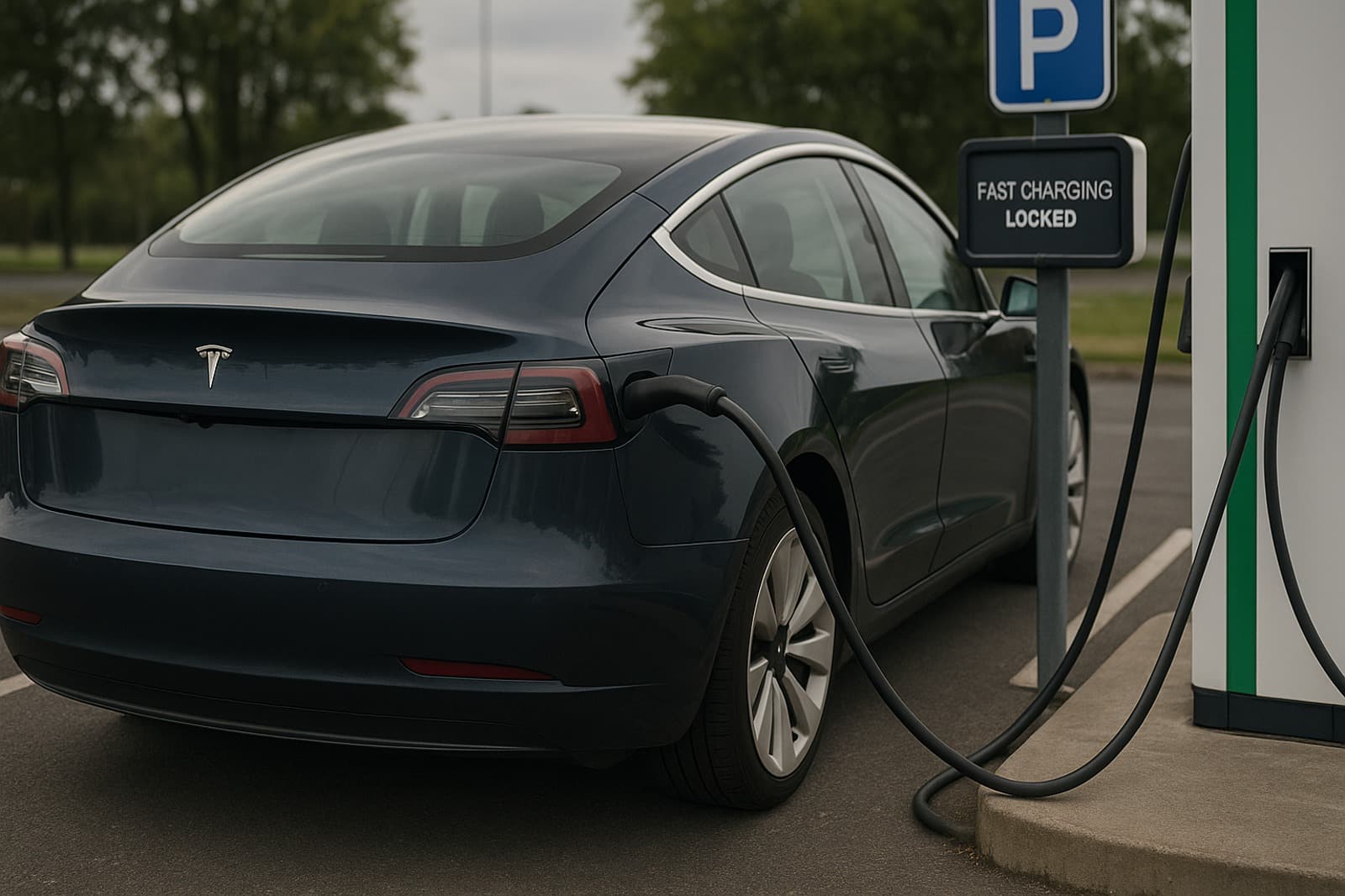 Tesla bleue branchée sur une borne, message de recharge rapide verrouillée affiché sur l’écran de la station