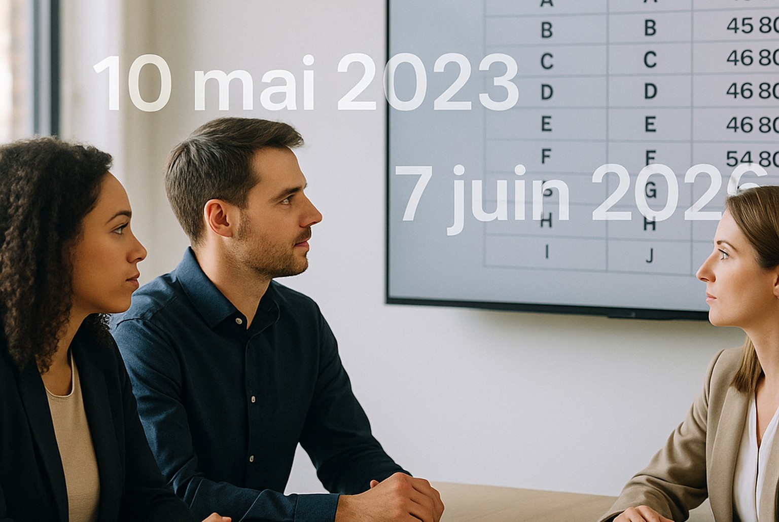 Trois collègues analysent une grille de salaires anonymisée en réunion, avec les dates clés 10 mai 2023 et 7 juin 2026 affichées à l’écran.
