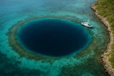 Vue aérienne du trou bleu Taam Ja’ à Chetumal : disque bleu nuit cerné d’un lagon turquoise, un navire déploie une sonde vers l’abîme.