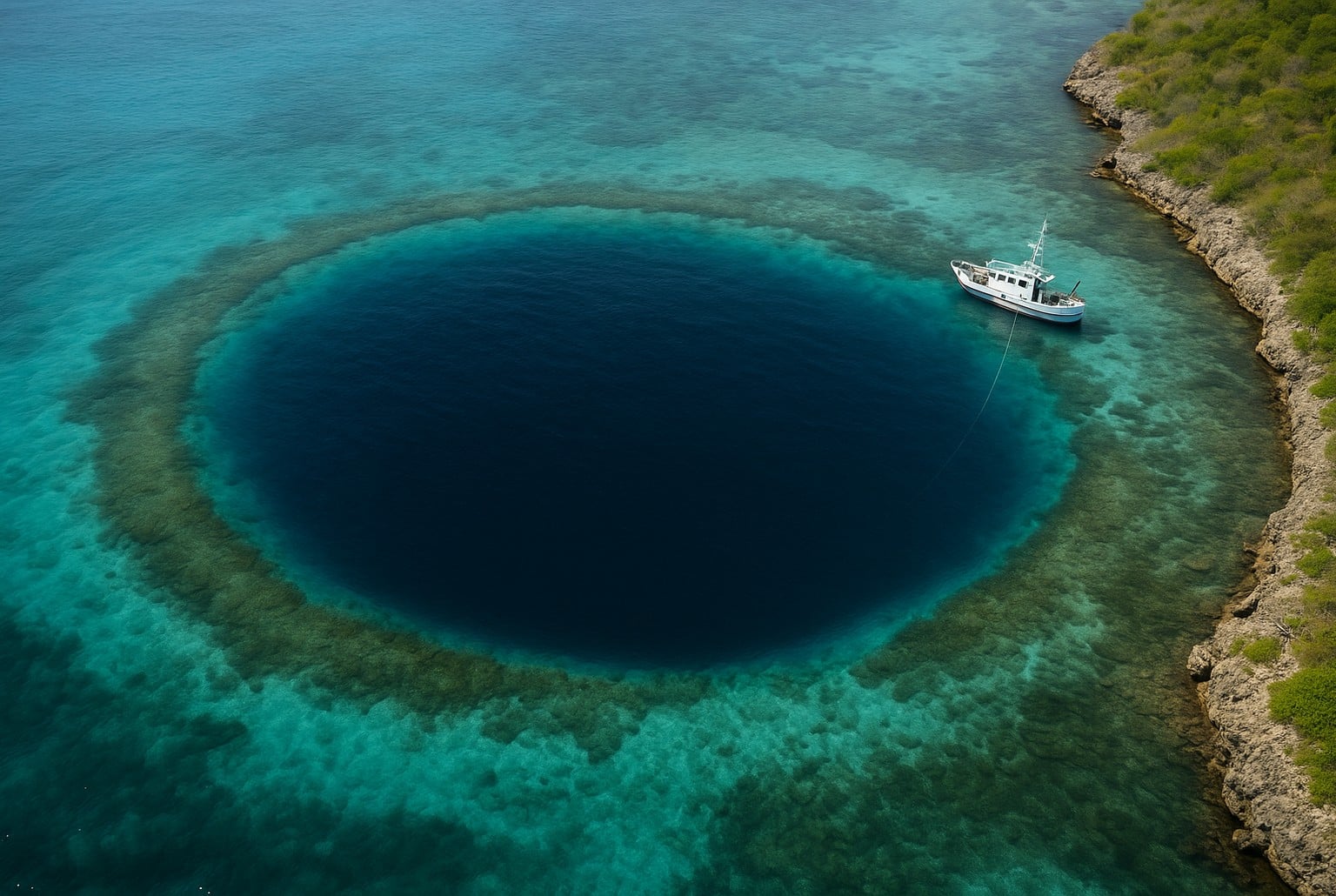 Vue aérienne du trou bleu Taam Ja’ à Chetumal : disque bleu nuit cerné d’un lagon turquoise, un navire déploie une sonde vers l’abîme.