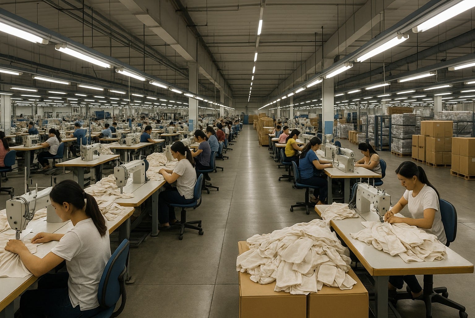 Atelier de confection asiatique, ouvrières alignées aux machines à coudre, piles de vêtements clairs et palettes prêtes à l’expédition.
