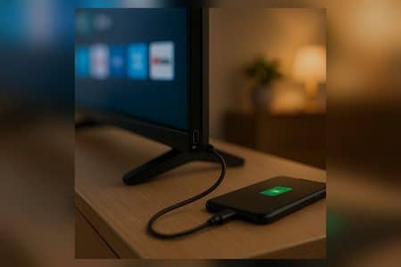 Téléviseur moderne vu de côté, smartphone posé sur le meuble et câble USB branché sur le port USB de la TV, indicateur de charge visible sur l’écran du téléphone.