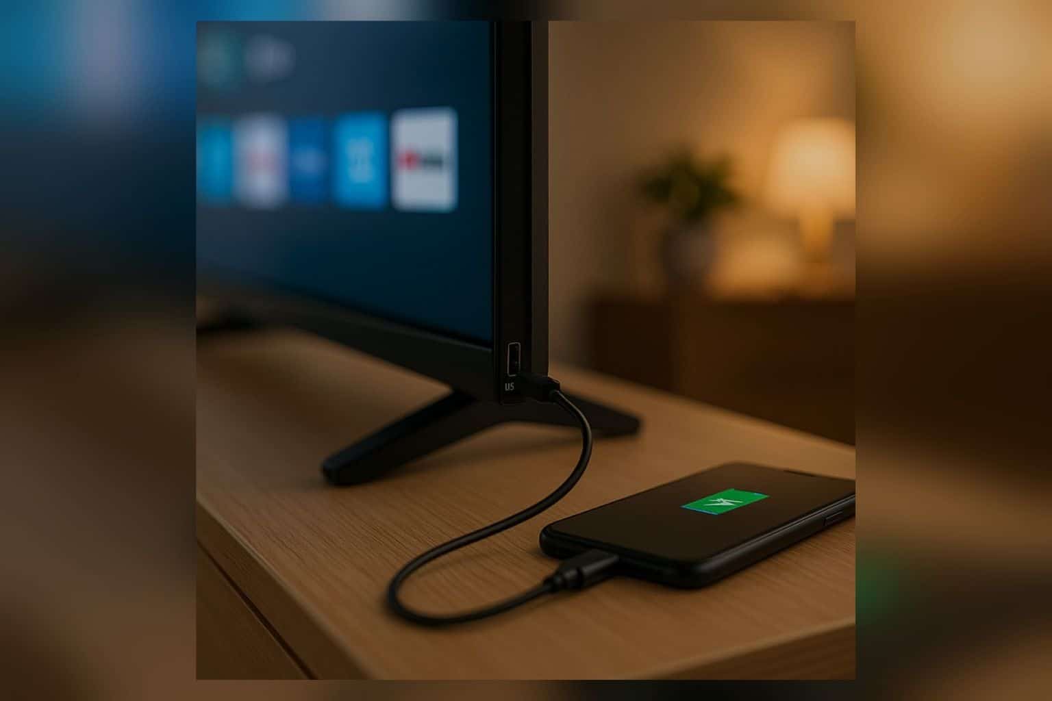 Téléviseur moderne vu de côté, smartphone posé sur le meuble et câble USB branché sur le port USB de la TV, indicateur de charge visible sur l’écran du téléphone.