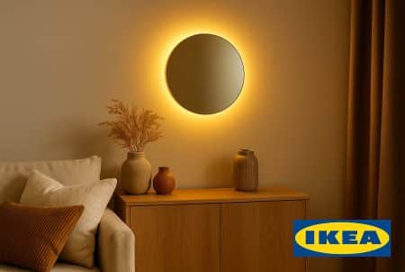 Applique murale VARMBLIXT d’IKEA diffusant une lumière dorée chaleureuse au-dessus d’un buffet en bois, ambiance automne.