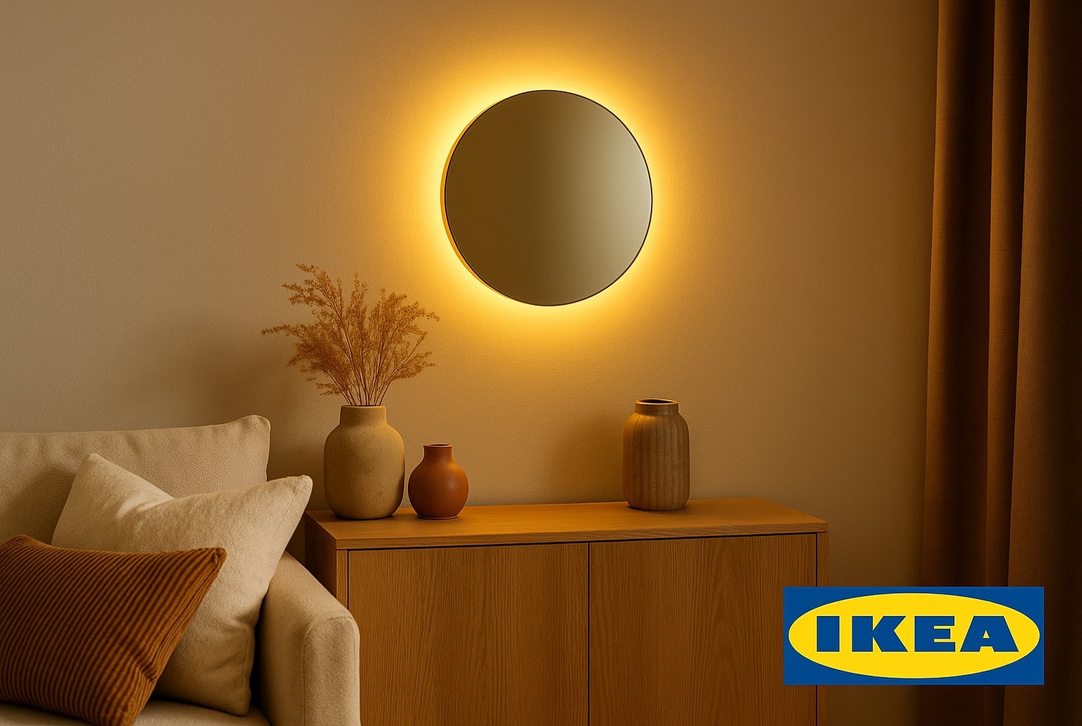 Applique murale VARMBLIXT d’IKEA diffusant une lumière dorée chaleureuse au-dessus d’un buffet en bois, ambiance automne.