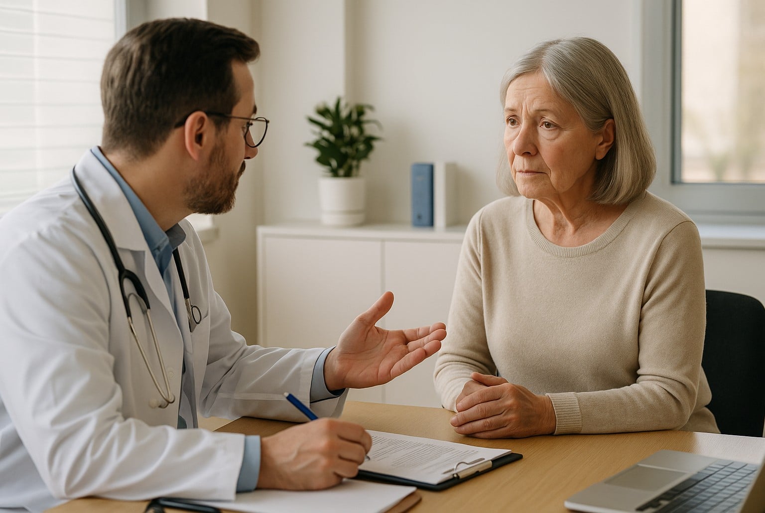 Personne d’environ 60 ans en consultation médicale avec un médecin, discussion posée en lumière naturelle, cadrage horizontal.