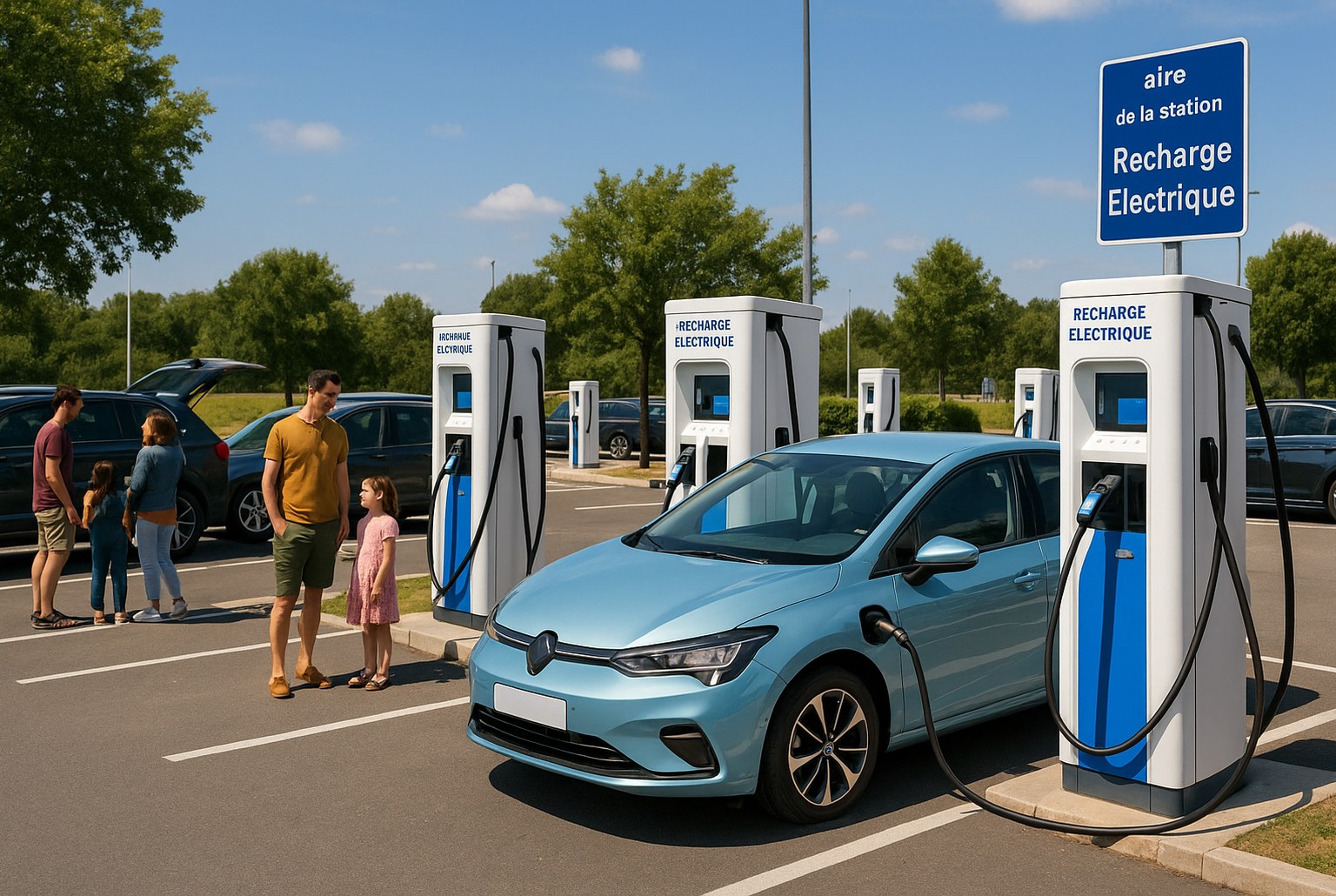 Aire d’autoroute française avec bornes de recharge très haute puissance ; citadine électrique branchée, familles en pause sous un ciel d’été.