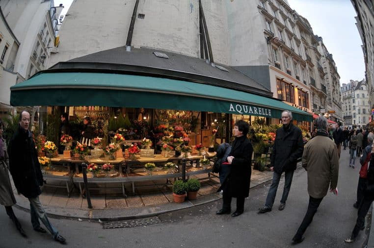 Étale d’un fleuriste parisien avec bouquets variés alignés en façade, photo en plan large, perspective de rue, format paysage.