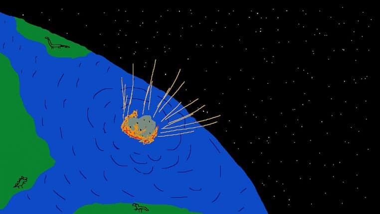 Illustration montrant un météorite incandescent entrant dans l’atmosphère terrestre et se dirigeant vers la surface de la planète.