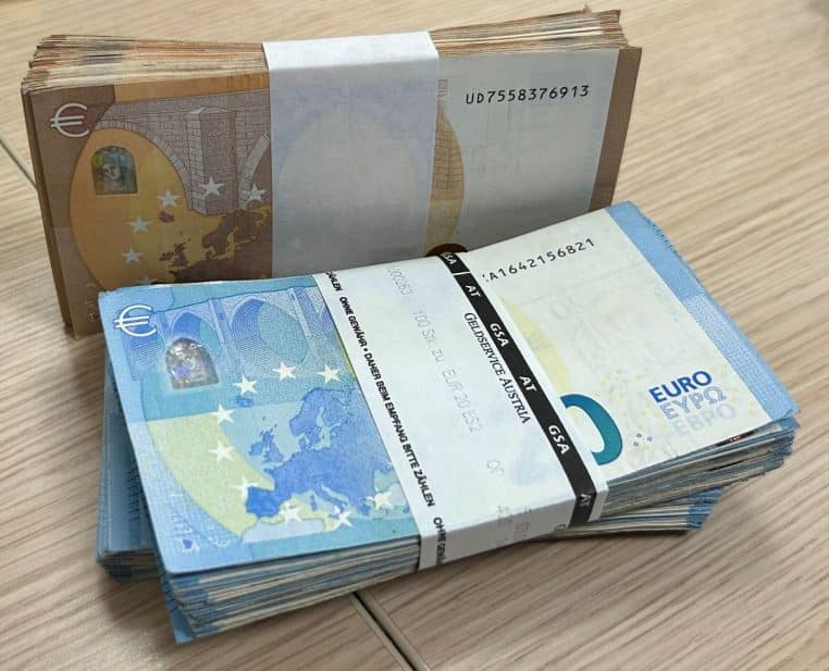 Paquets de billets de 20 et 50 euros alignés, représentant des montants élevés pouvant être transmis par donation.