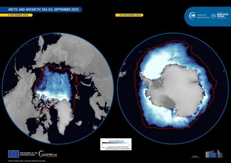 Visualisation satellite de l’étendue de glace de mer en Arctique et en Antarctique en septembre 2025, avec contours clairs des zones gelées.
