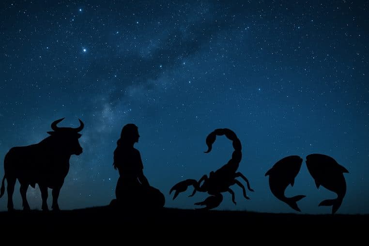 Silhouettes du Taureau, de la Vierge, du Scorpion et des Poissons devant un ciel étoilé, pour une fin 2025 pleine de bonheur.