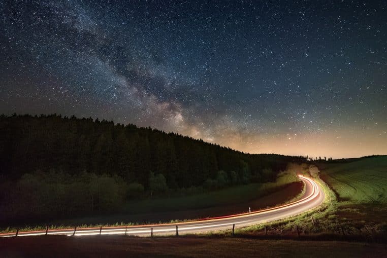 night, milky way, road, light traces, starry sky, automobile, ride, headlights, dark, long exposure, mountains, landscape, galaxy, nature, traffic, astro, light trail, night photography, night sky