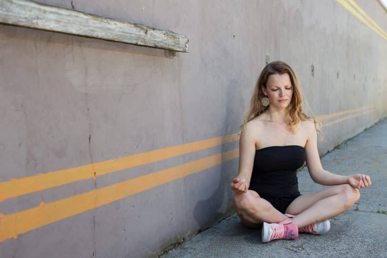 meditation, yoga, woman, blond, person, nature, female, cross legged, urban, strip, wall, closed eyes, relaxation, summer, pleasure